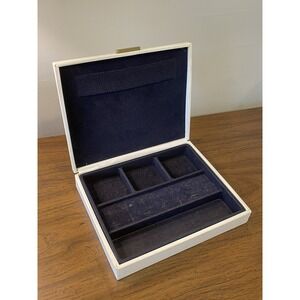 Vintage 80s Avon Jewelry Box White‎ Cushion Faux Leather Navy Velvet Interior
